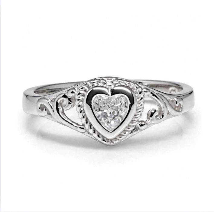 Sterling Silver Filigree Heart CZ Ring-AE-109