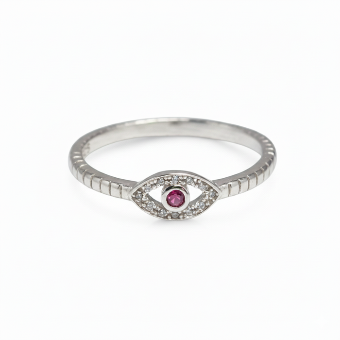 Sterling Silver Dark Garnet Stone Evil Eye CZ Ring-AE-91
