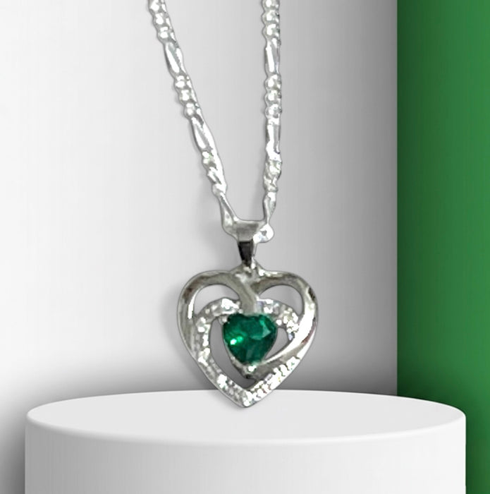 Sterling Silver Precious Heart Emerald CZ Necklace-SN-12