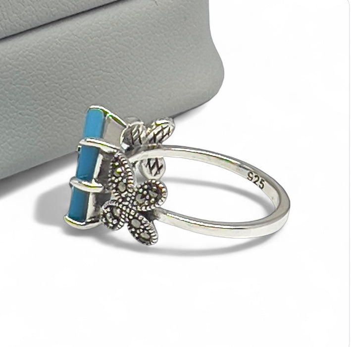 Square Turquoise Butterfly Sterling Silver Ring-AE-68