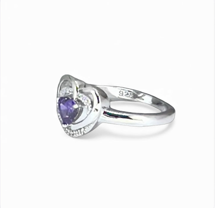 Sterling Silver Precious Heart Amethyst CZ Ring-AE-57