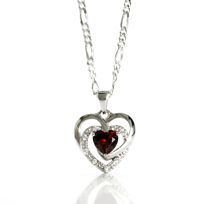 Sterling Silver Heart Garnet CZ Necklace-SN-14