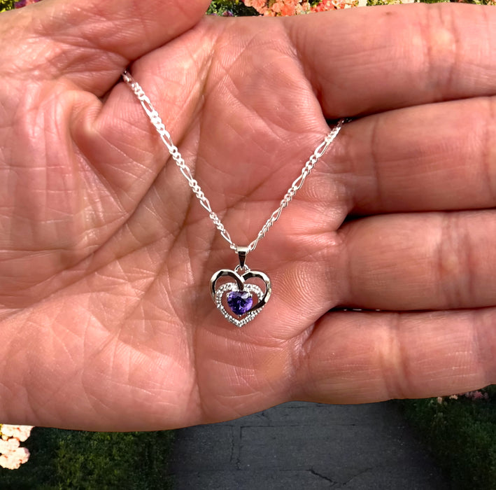 Sterling Silver Precious Heart Dark Violet CZ Necklace-SN-10