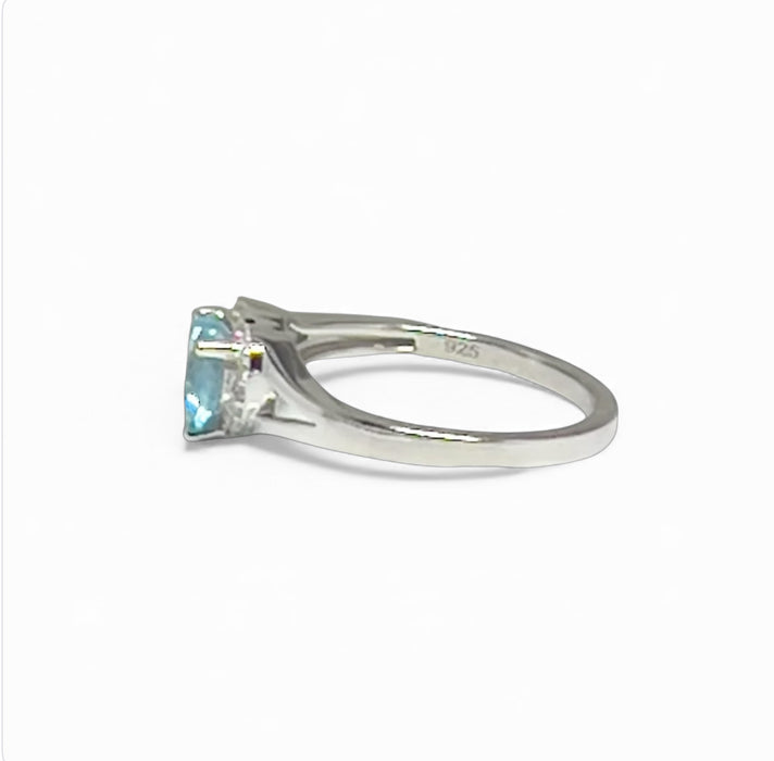 Sterling Silver Heart Aquamarine Cubic Zirconia Ring-AE-95