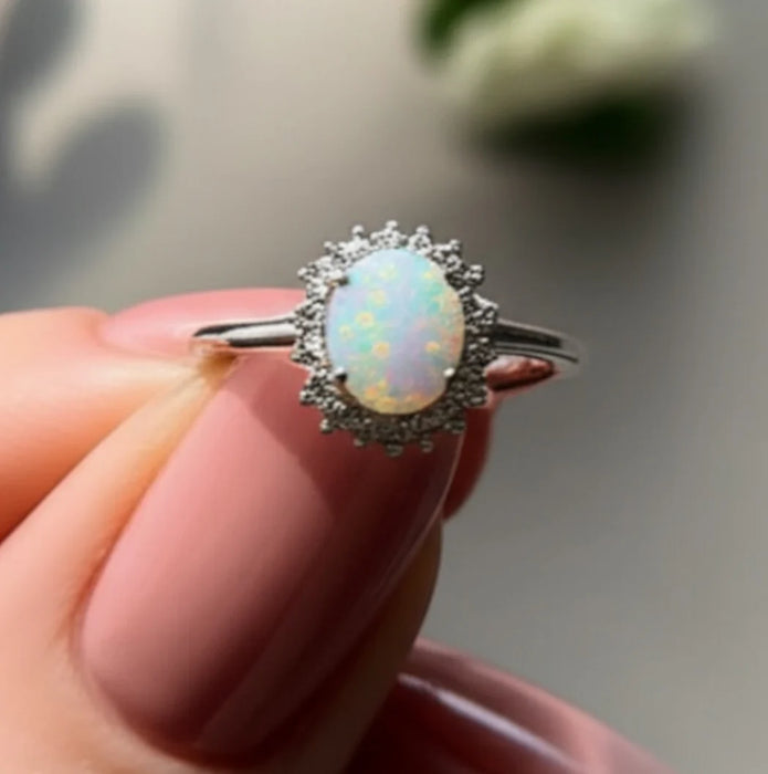 Sterling Silver Oval White Lab Opal CZ Ring-AE-37