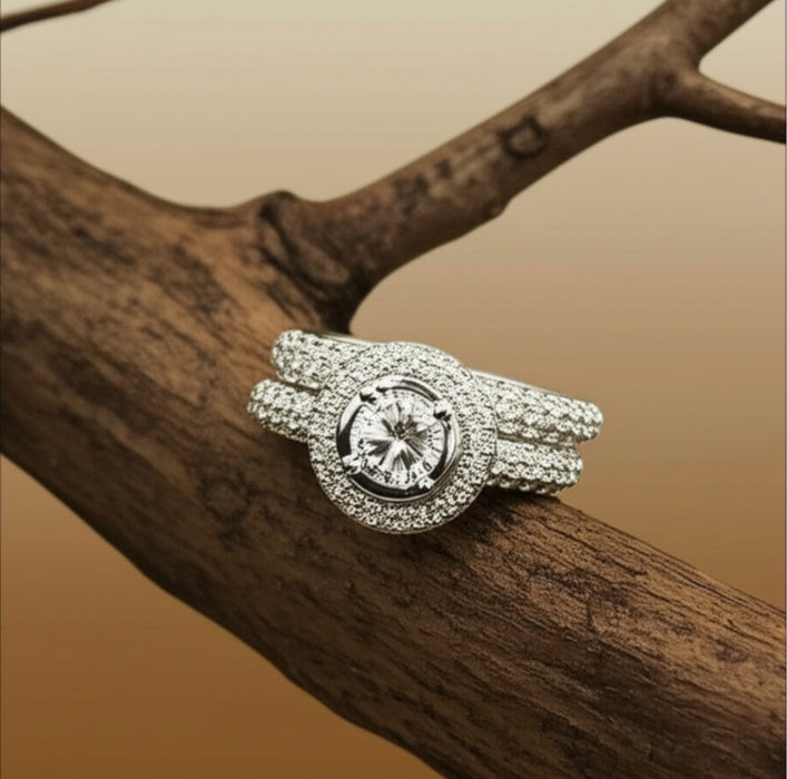 Sterling Silver Halo Round CZ Engagement Set Ring CZ-ER-114