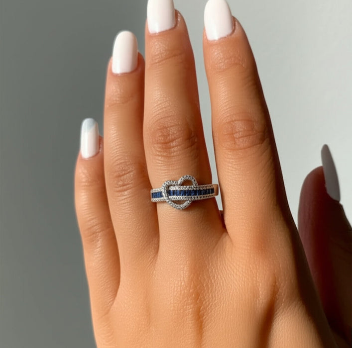 Sterling Silver Heart Blue Sapphire CZ Ring-AE-32