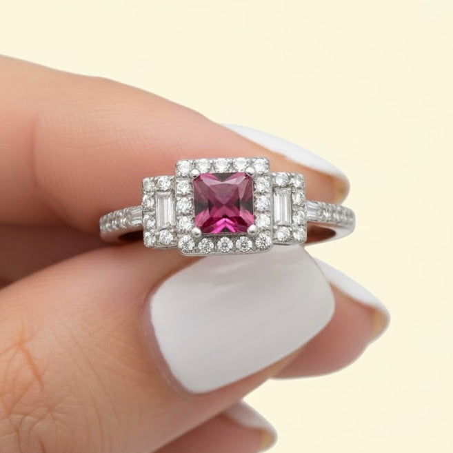 Sterling Silver Rectangular Garnet CZ Ring-AE-08