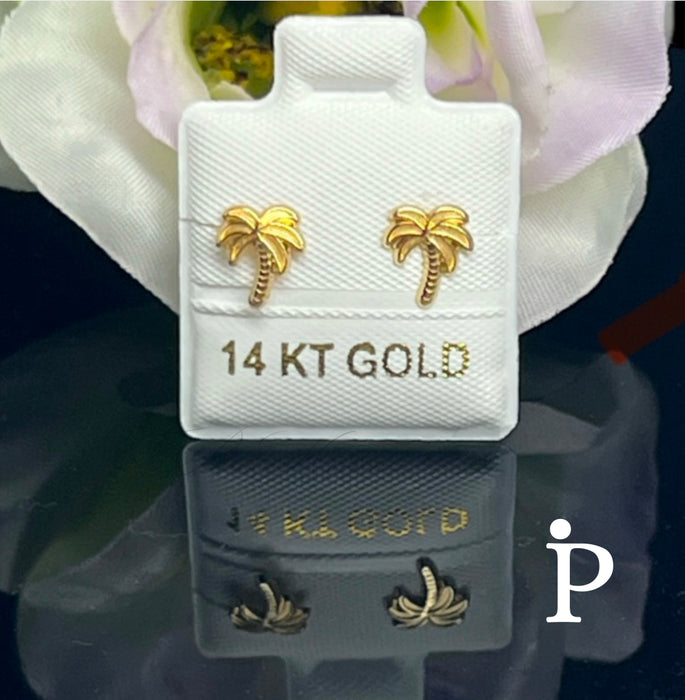 Solid 14K Yellow Gold Palm Tree Stud Earrings-GE-07