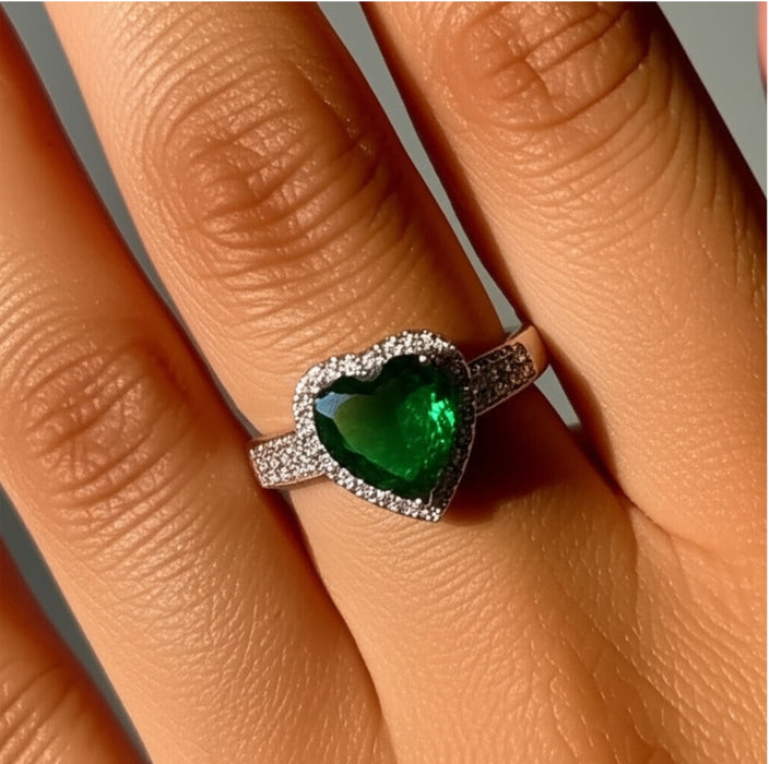 Sterling Silver Emerald Heart Halo CZ Ring-AE-31