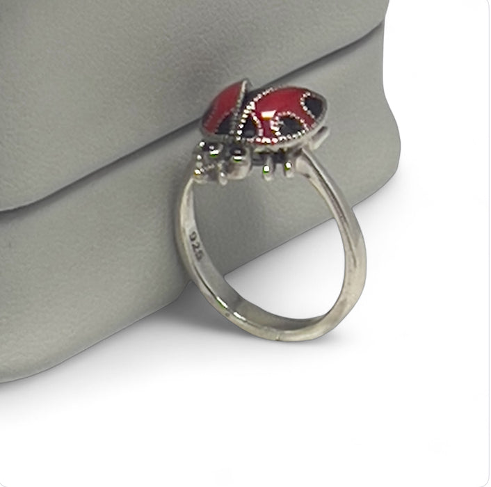 Sterling Silver Black Onyx and Enamel Ladybug Marcasite Ring-AE-46