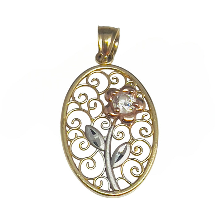 Solid 14K Gold Tri-Color Flower CZ Filigran Pendant-GP-17
