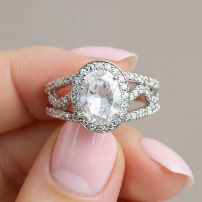 Halo Sterling Silver Ring Oval CZ-ER-35