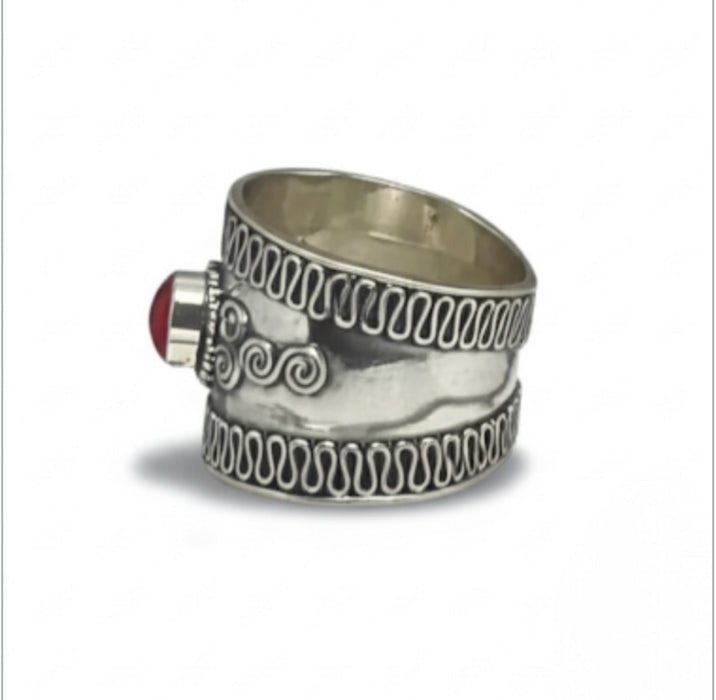Sterling Silver Bali Style Red Coral Stone Ring-SR-49
