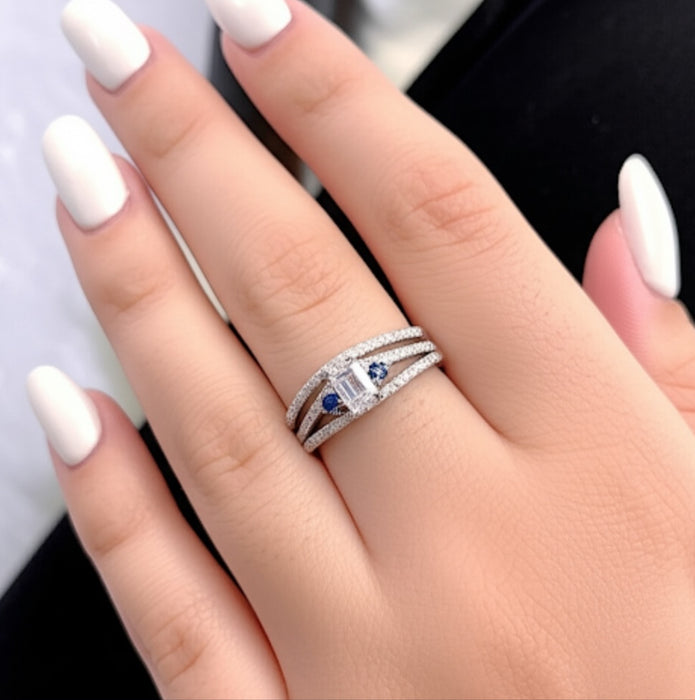Sterling Silver Clear and Blue CZ Wedding Set Ring ER-124