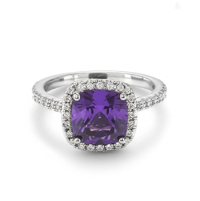 Sterling Silver Cushion Cut Amethyst CZ Ring AE-05