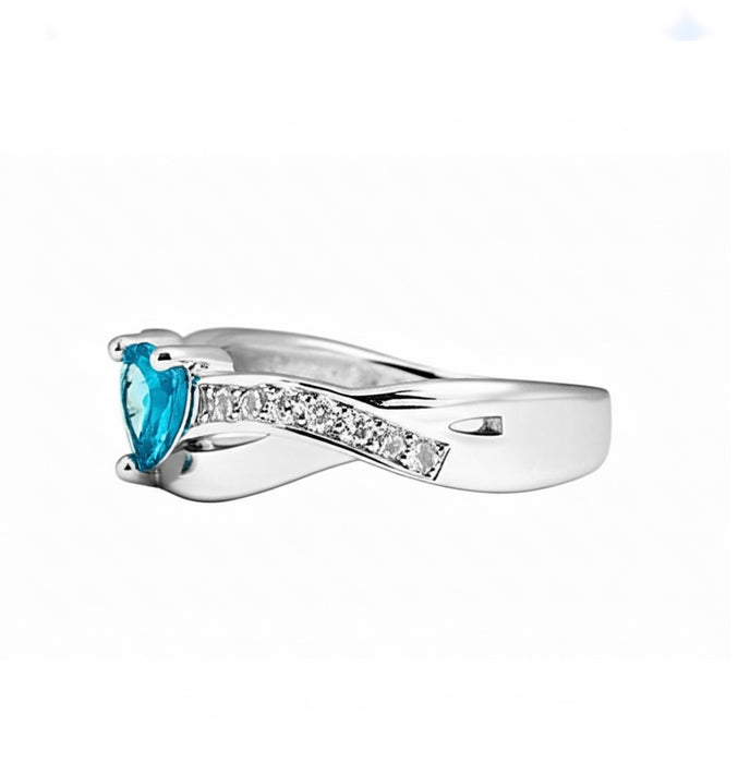 Sterling Silver Heart Shape Aquamarine CZ Ring-AE-40