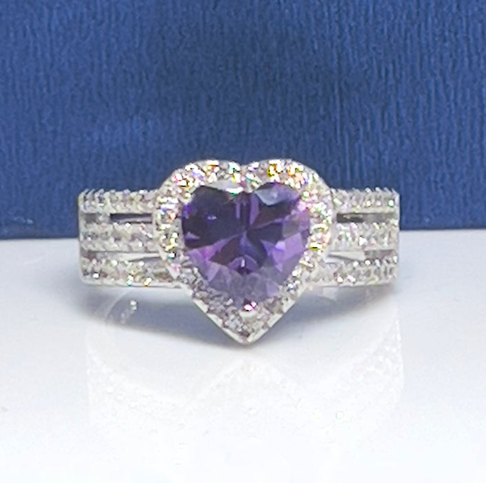Sterling Silver Amethyst Heart CZ Ring-CL-29