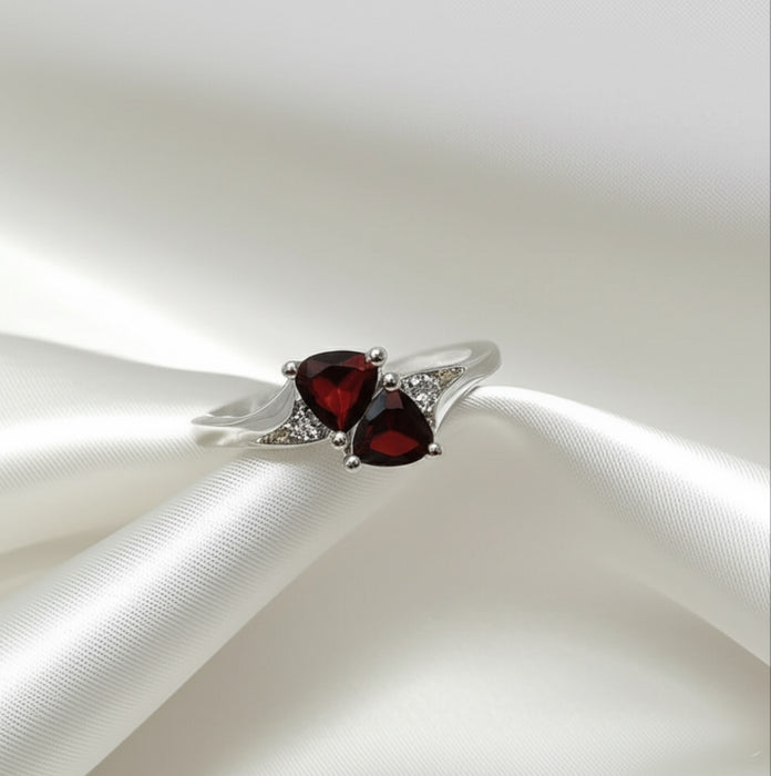 Sterling Silver Double Heart Garnet CZ Ring-AE-23