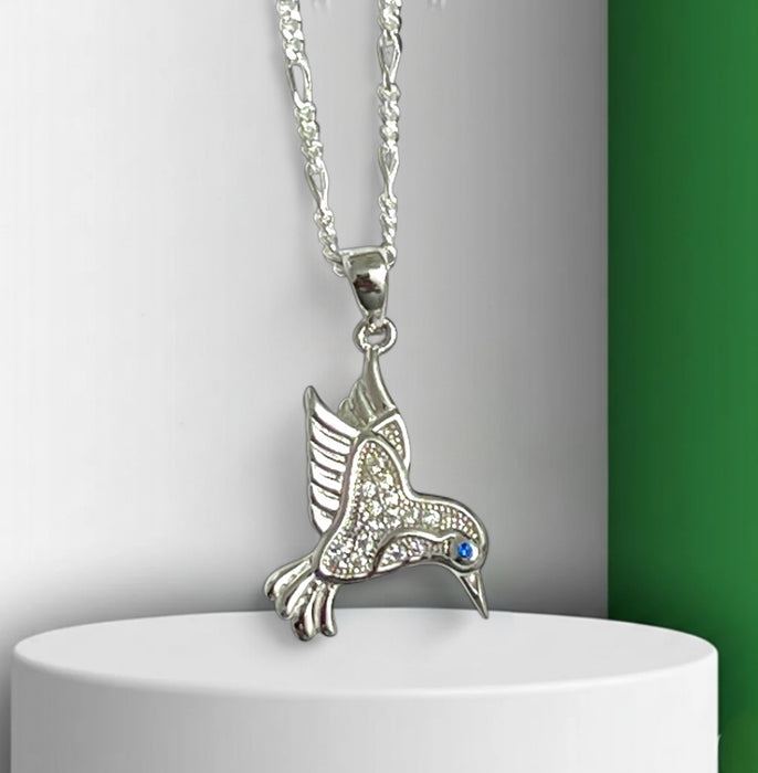 Sterling Silver Hummingbird Blue & Clear CZ Necklace-SN-01