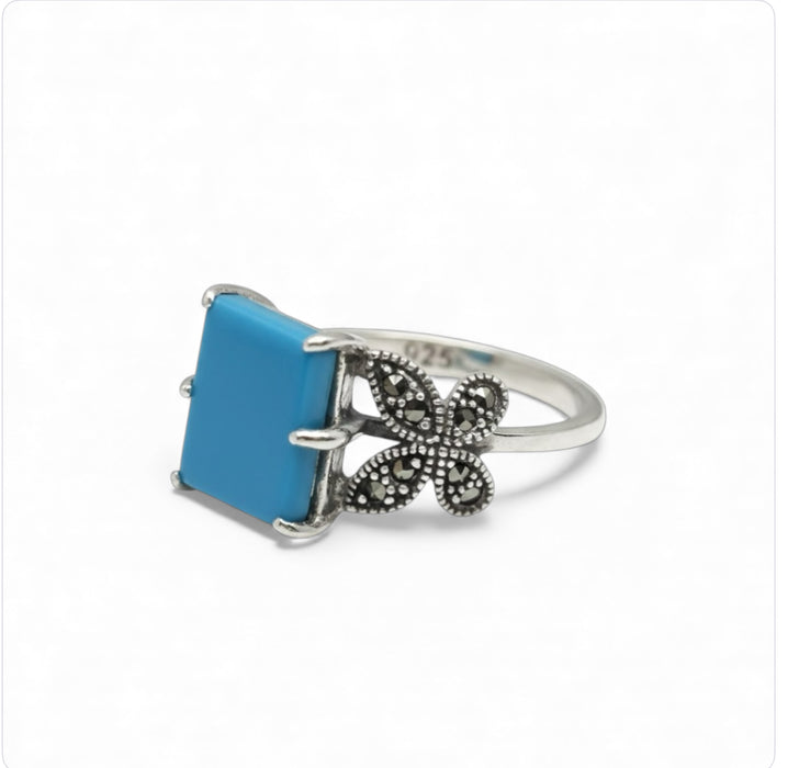 Square Turquoise Butterfly Sterling Silver Ring-AE-68