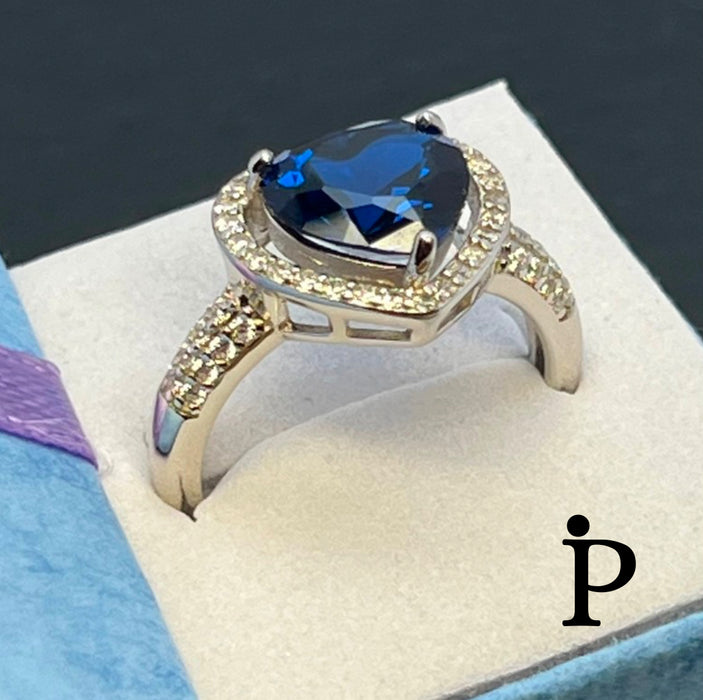 Sterling Silver Blue Sapphire Heart Halo CZ Ring -AE-49