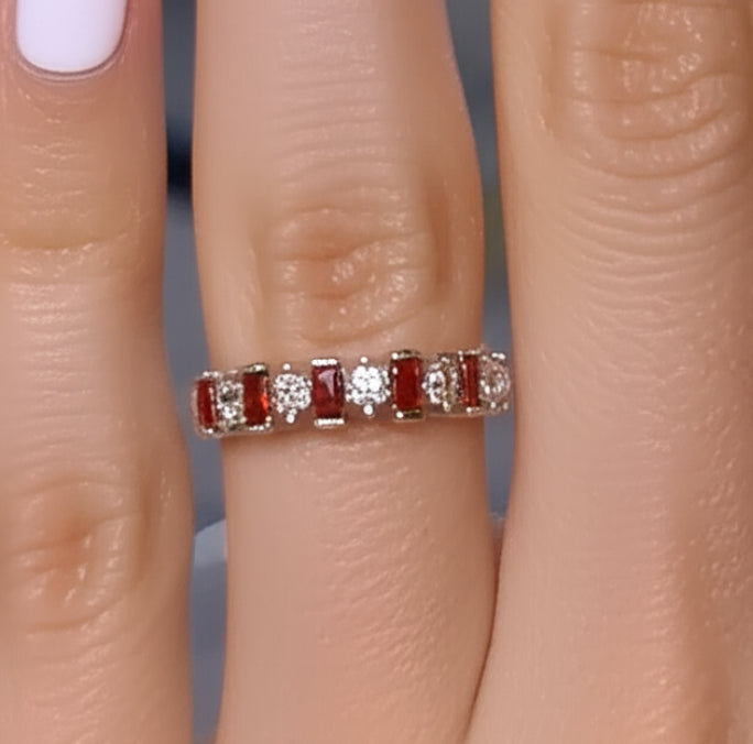 Sterling Silver Round & Baguette Garnet CZ Ring -AE-27