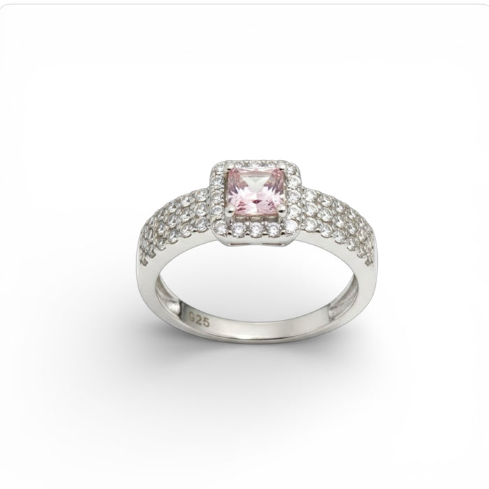 Sterling Silver Pink Princess Cut CZ Ring-AE-93