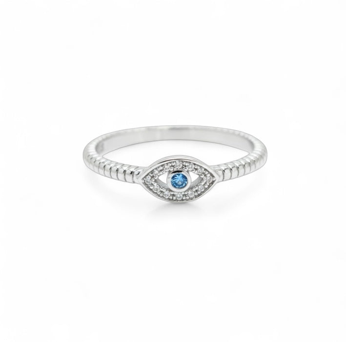 Sterling Silver Aqua Blue Stone Evil Eye CZ Ring-AE-53