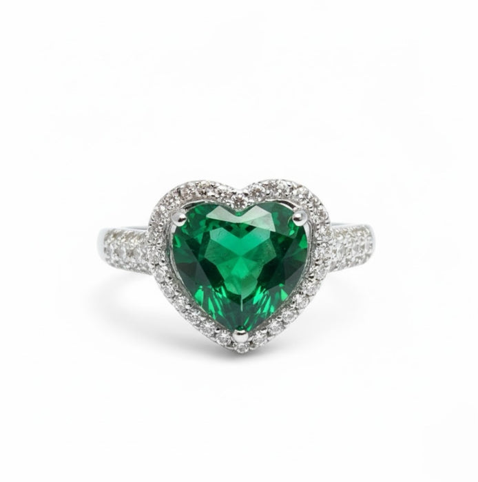 Sterling Silver Emerald Heart Halo CZ Ring-AE-31