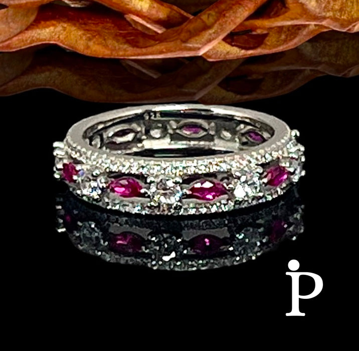 Sterling Silver Modern Eternity Wedding Ring with Simulated Ruby-AE-120