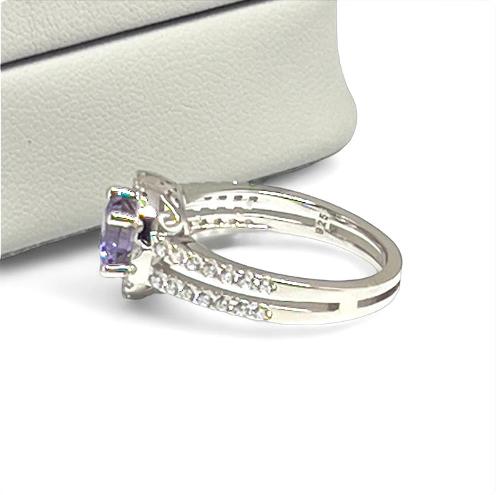 Sterling Silver Round Amethyst Halo CZ Ring-AE-107