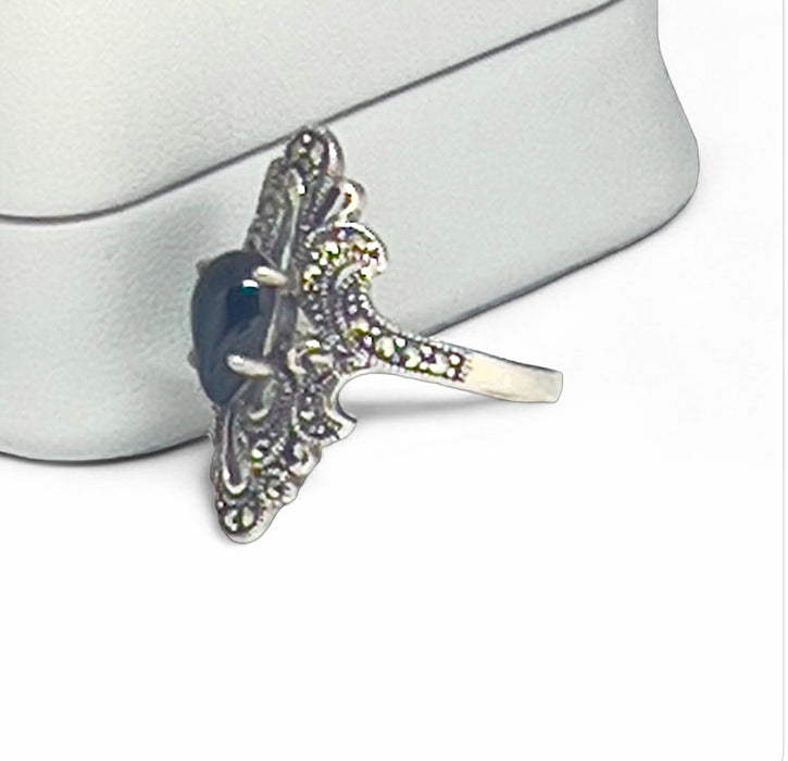 Sterling Silver Pear Shape Black Onyx Marcasite Ring-AE-43