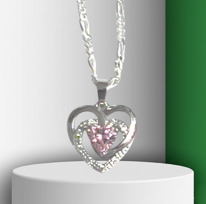Sterling Silver Precious Heart Pink CZ Necklace-SN-13