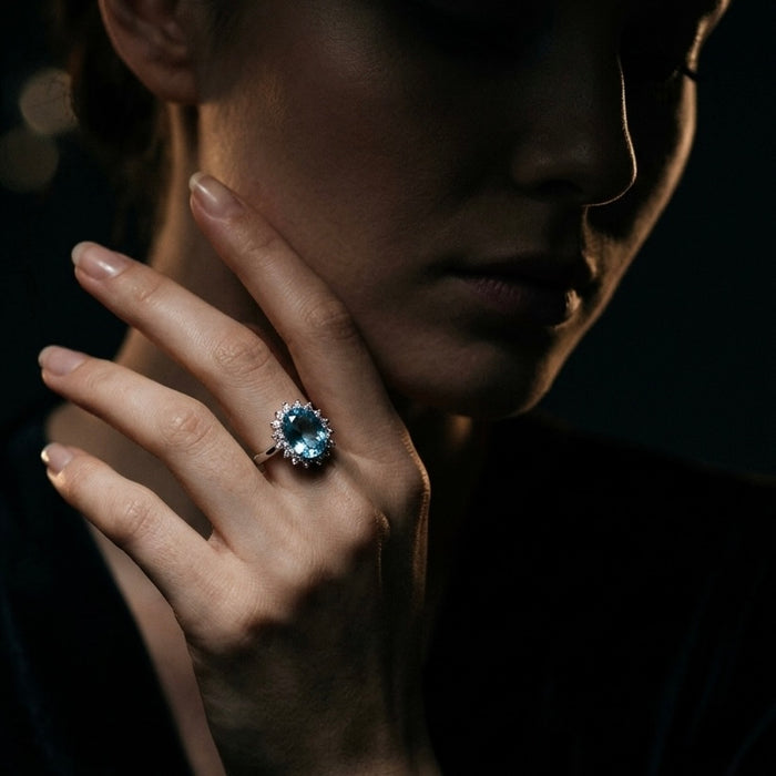 Sterling Silver Oval Aqua Blue CZ Ring-AE-67