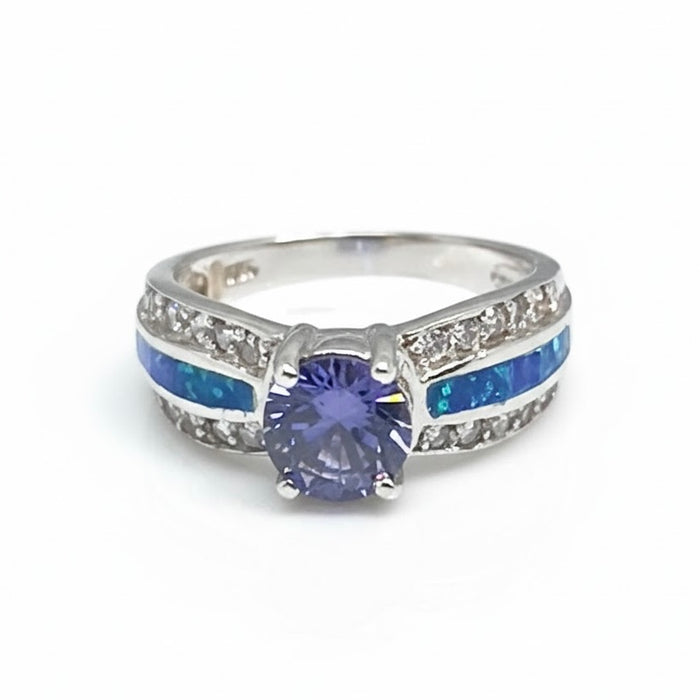 Sterling Silver Lab Opal Round Tanzanite CZ Ring -AE-16