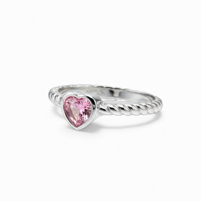 Sterling Silver Heart Pink CZ Ring-AE-86