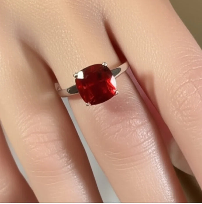 Sterling Silver Cushion Cut Red CZ Ring-AE-22