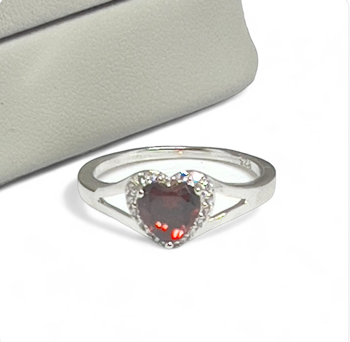 Sterling Silver Heart Shape Garnet CZ Ring-AE-110