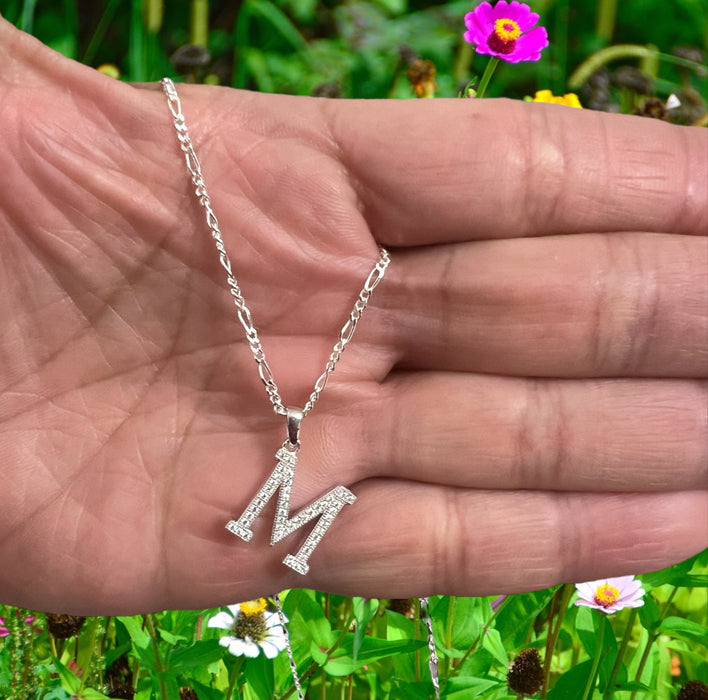 Sterling Silver Letter M CZ Necklace-SN-36