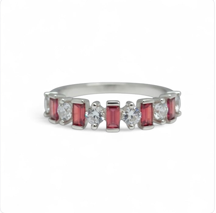 Sterling Silver Round & Baguette Garnet CZ Ring -AE-27
