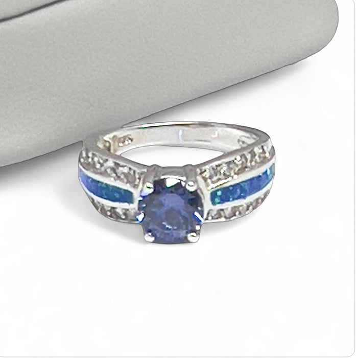 Sterling Silver Lab Opal Round Tanzanite CZ Ring -AE-16