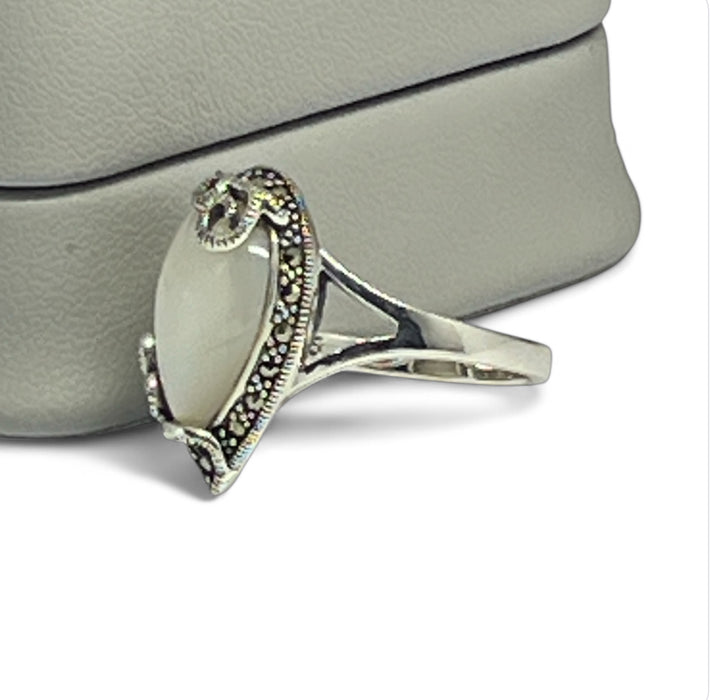 Sterling Silver Pear Shape Mother of Pearl Marcasite Ring-AE-89