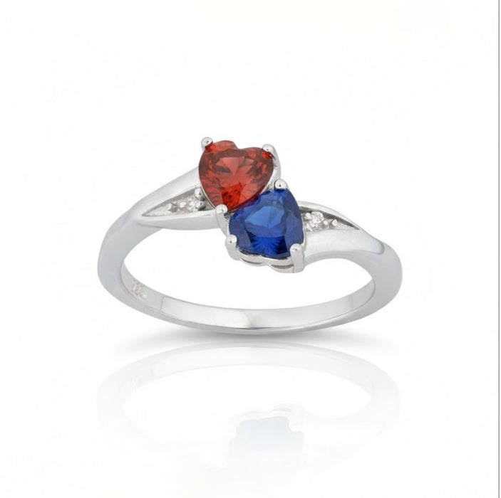 Sterling Silver Double Heart Garnet & Blue Spinnel CZ Ring-AE-15