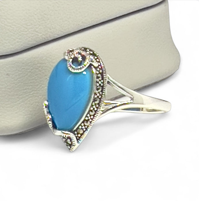 Sterling Silver Pear Shape Simulated Turquoise Marcasite Ring-AE-88