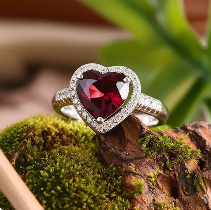 Sterling Silver Garnet Heart Halo CZ Ring-AE-13