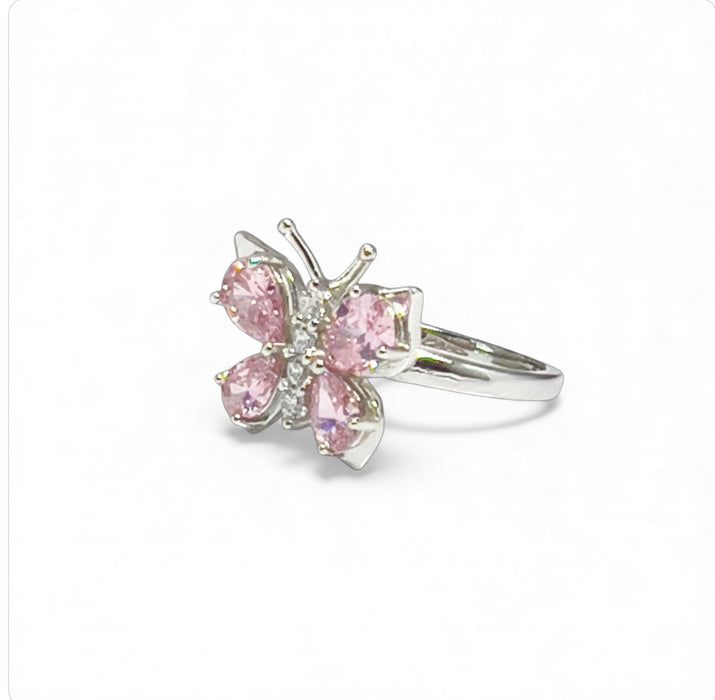 Sterling Silver Large Pink CZ Butterfly Ring-AE-99