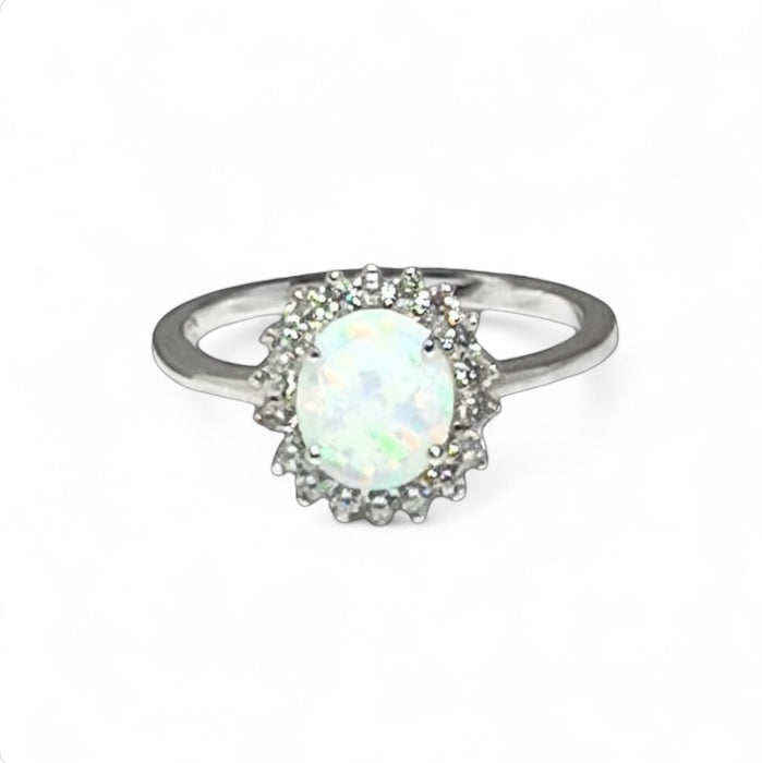 Sterling Silver Oval White Lab Opal CZ Ring-AE-37