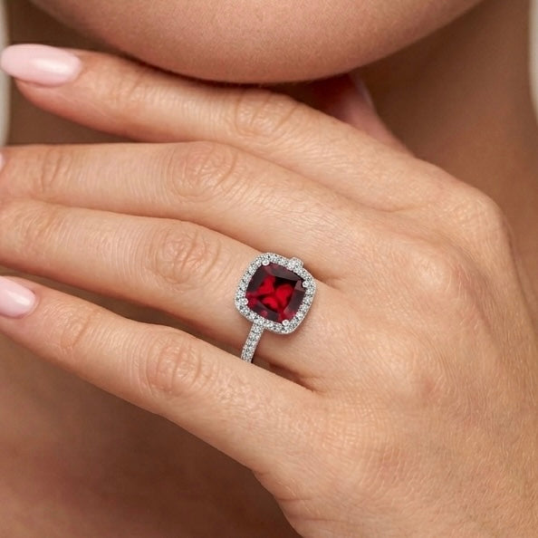 Sterling Silver Cushion-Cut Red CZ Ring-AE-09
