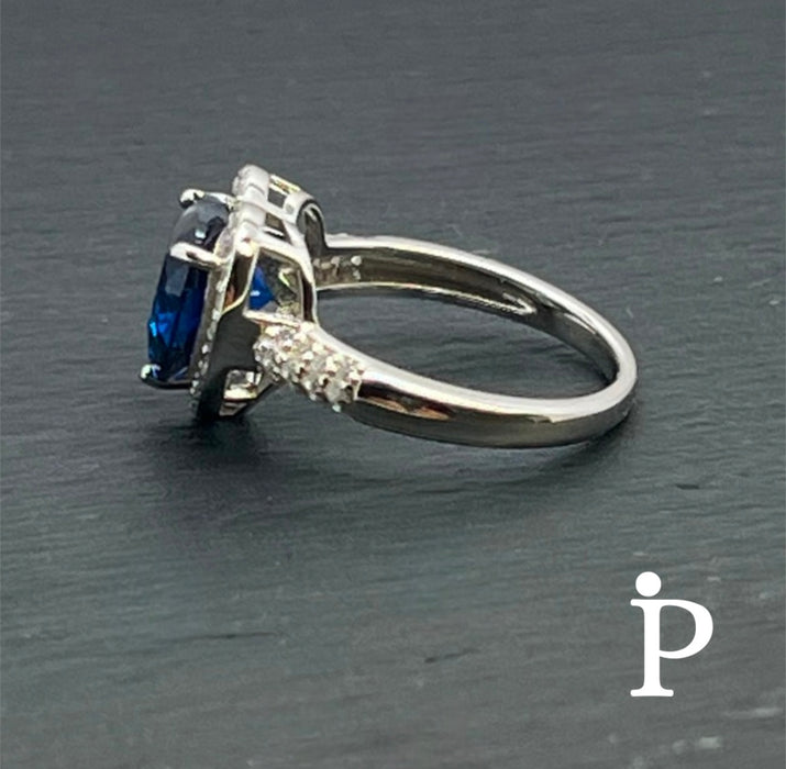 Sterling Silver Blue Sapphire Heart Halo CZ Ring -AE-49